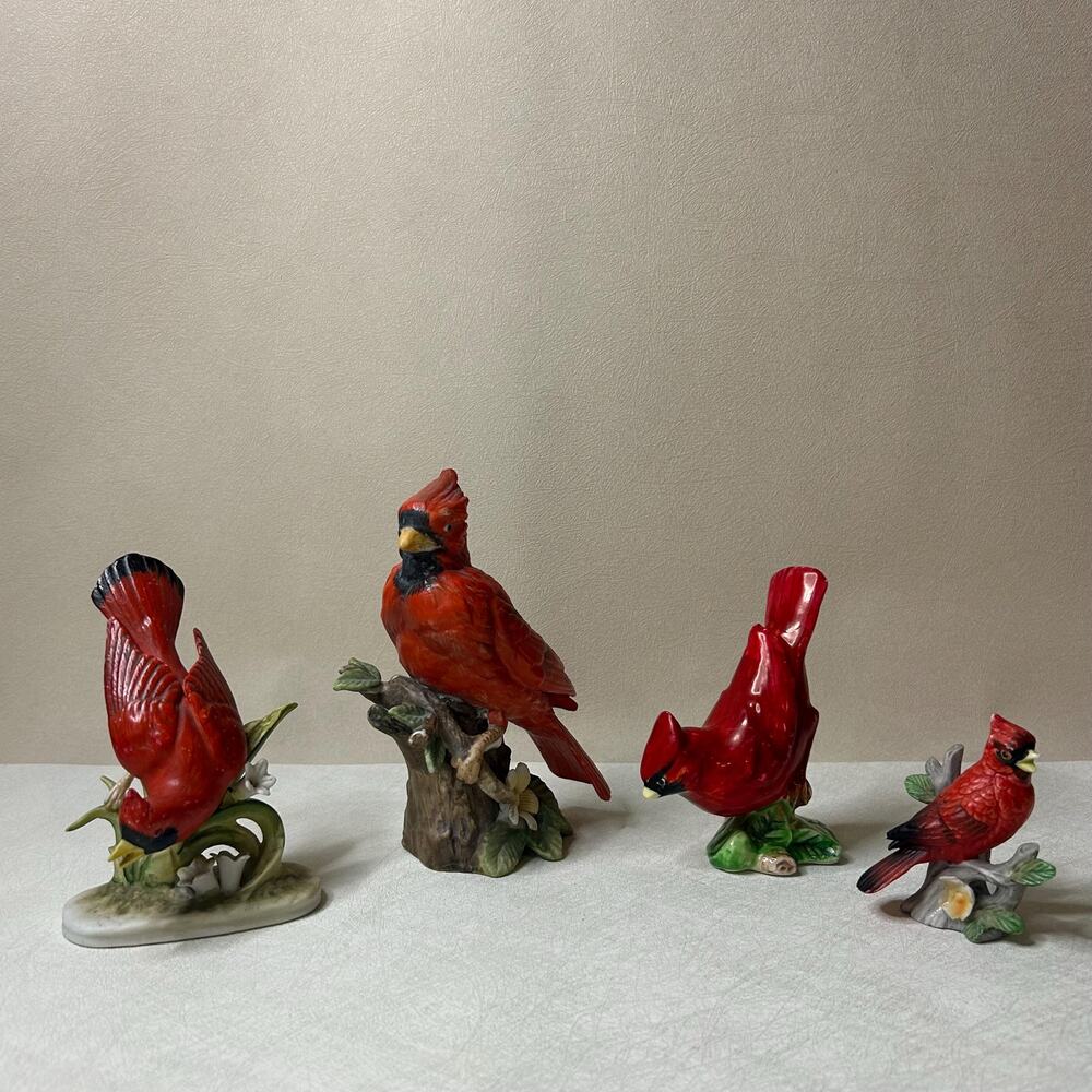 Four 4 Vintage Red Cardinal Figurines Hand Painted Porcelain Birds Lefton KW464